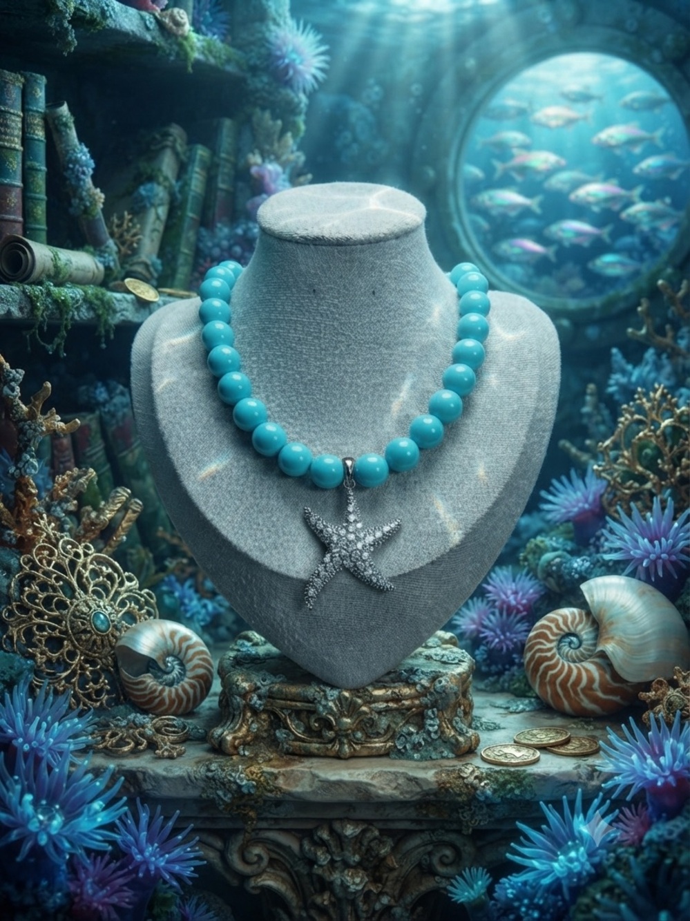 One of a kind Shell Pearl Turquoise Necklace with Silver sparkly Starfish charm